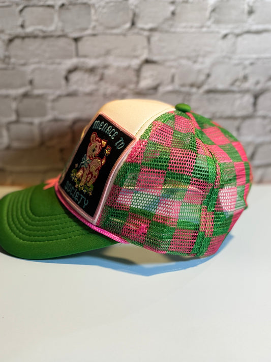 Menace in a Bow Trucker Hat – Pink & Green Check Mesh, Snapback