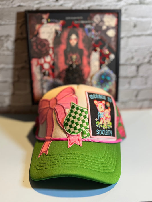 Menace in a Bow Trucker Hat – Pink & Green Check Mesh, Snapback