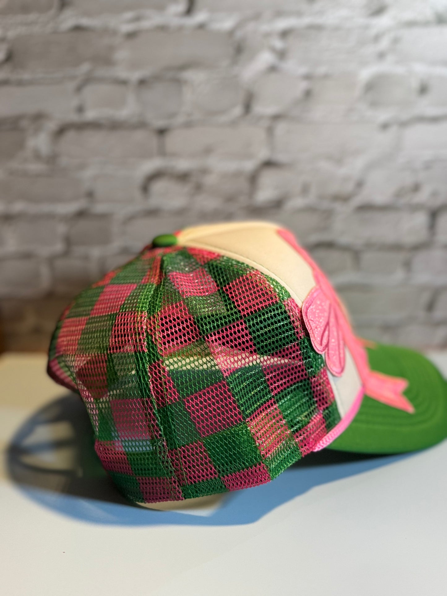 Menace in a Bow Trucker Hat – Pink & Green Check Mesh, Snapback
